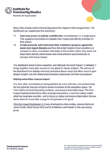 Many HEIs already collect internal data about the impact of their programmes. The dashboard can supplement this activity by: